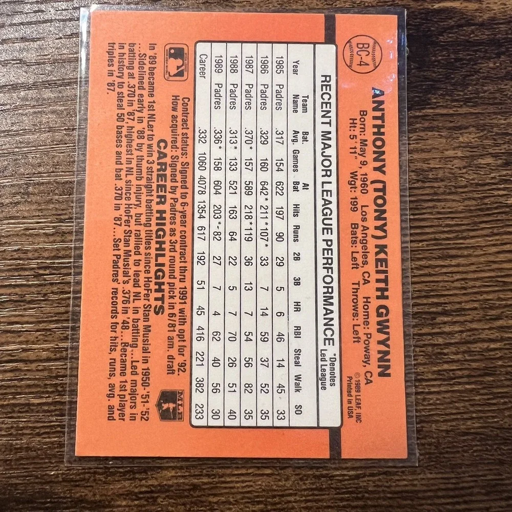 Vintage 1990 Donruss Tony Gwynn BC-4 Error Card No Dot After INC Padres Card